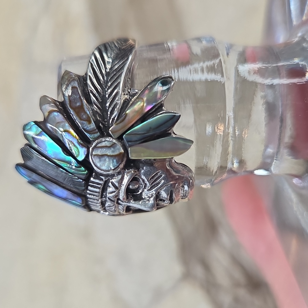 925 Sterljng Silver Abalone Native American Chief Ring - Picture 5 of 7